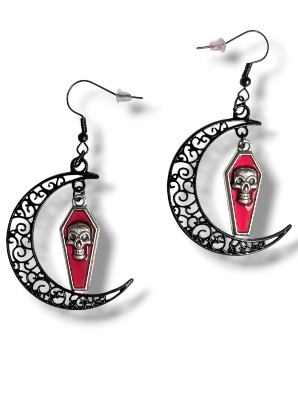 NWT Handmade Black Crescent Moon and Red with Skull Coffin Earrings